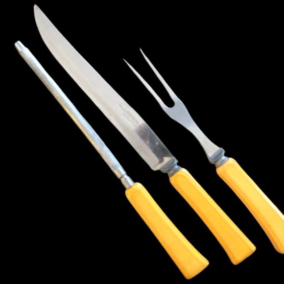 Robinson Stainless Steel Three Piece Meat Carving Set Yellow Bakelite Ha… - Picture 1 of 6